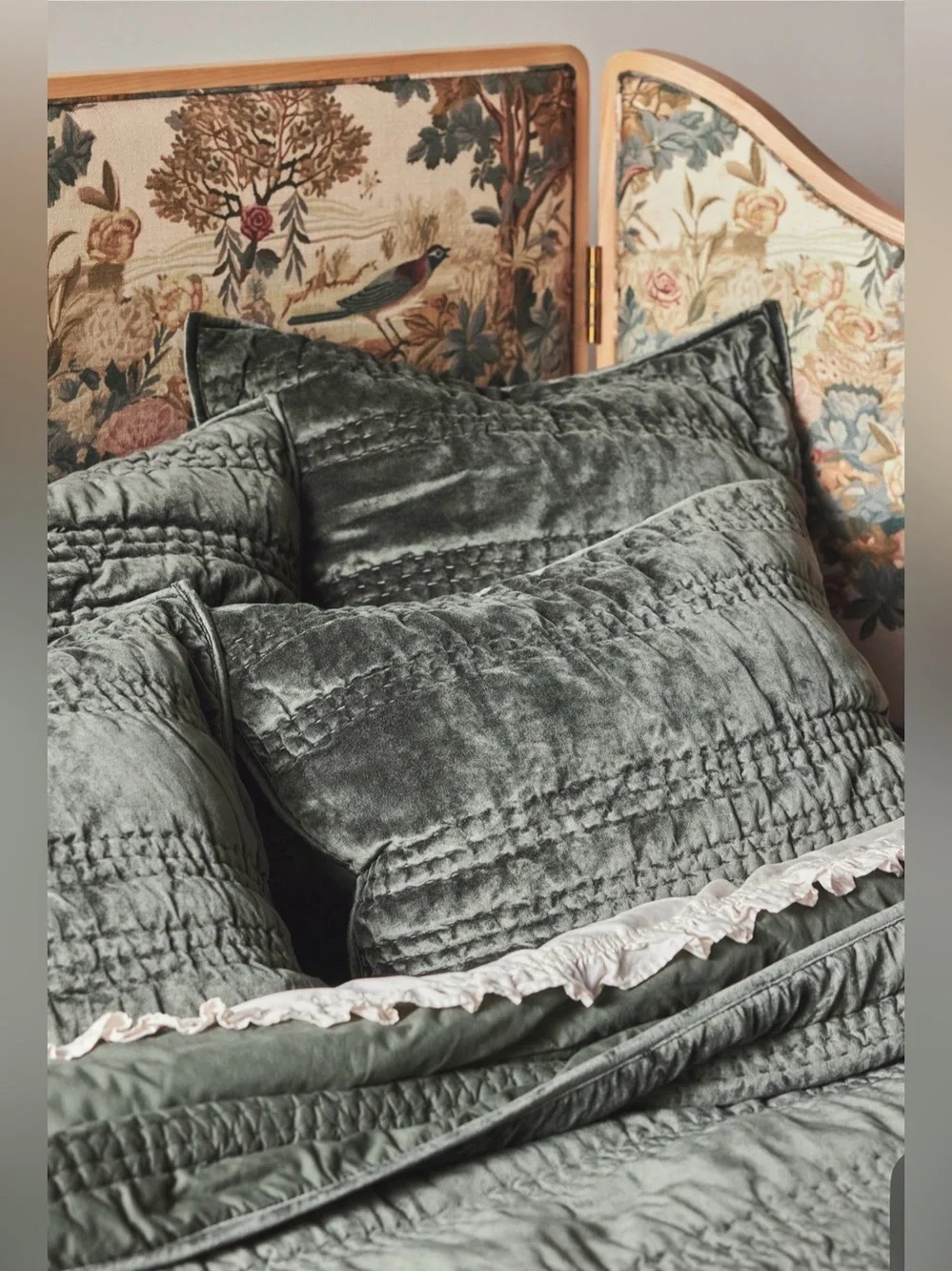Anthropologie Lustered Velvet Alastair Quilt, Dark Green